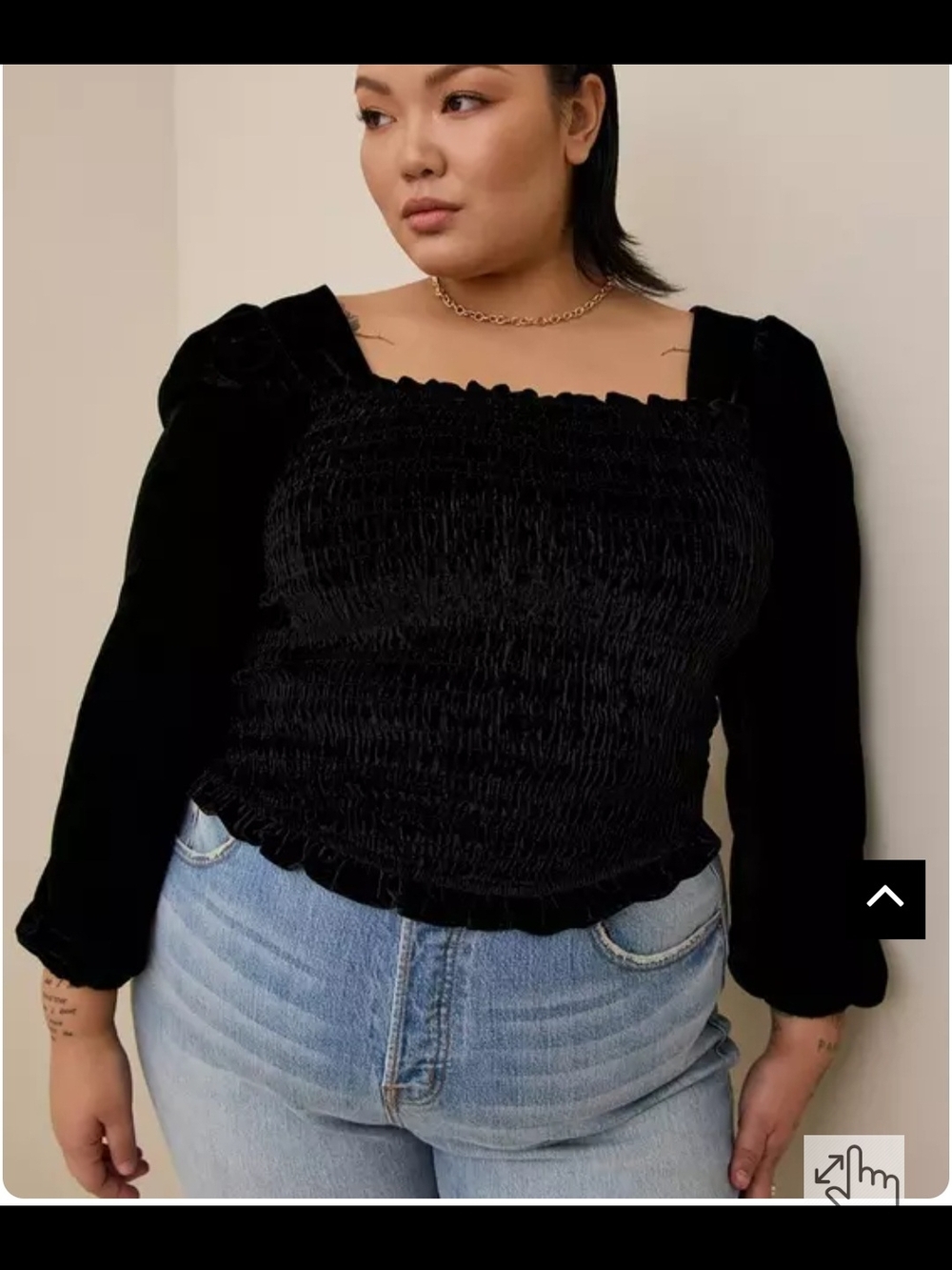 torrid Size 5 Black Velvet Smocked Square-Neck Long Blouson Sleeve Crop Top
